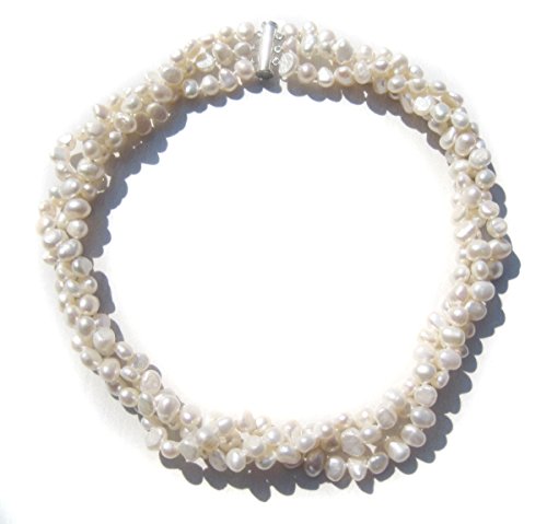 TreasureBay Fab Three-Strand Chunky Modern Twist Cultured Freshwater Baroque Pearl Necklace (White)