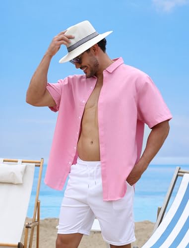 Men's Button-Down Shirts Wrinkle Free Short Sleeve Shirt Textured Linen-Look Casual Top for Summer, Beach Vacation4