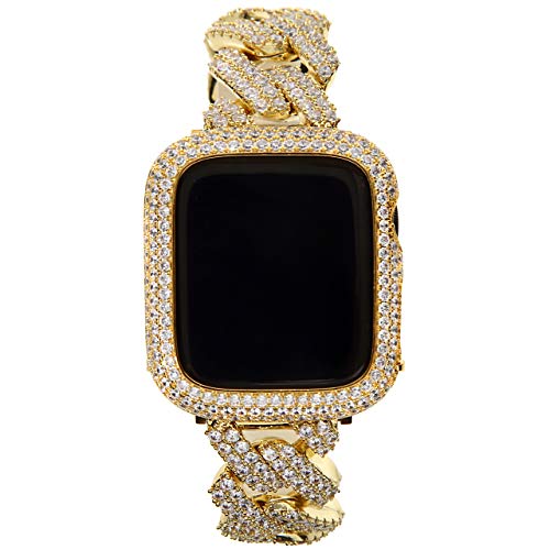 [Kronic] アップルウォッチ マイアミキューバンリンク&ベゼル コンプリートセット S4/5/6/SE対応 44mm 極太【幅22ｍｍ】 ゴールド CZダイヤ（キュービックジルコニア）ガラスコーティング施工済　手首サイズ16cm-17cm