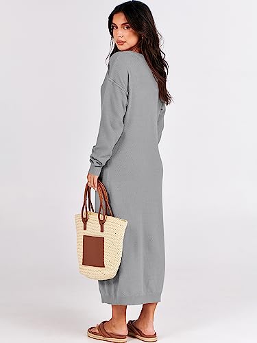 Image of ANRABESS Women Long Sleeve Button V Neck Oversized Casual Loose Fit Waffle Knit Fall Midi Sweater Dress 2026 Trendy Outfits