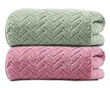 MAXOSHINE Microfiber Towels for Bath Large Size-Super Soft Coral Fleece Bathing Towel with Hook Quick Dry Super Absorbent-Bath Towel for Men and Women-70x140 cm 350 GSM (Green/Pink, Pack of 2)