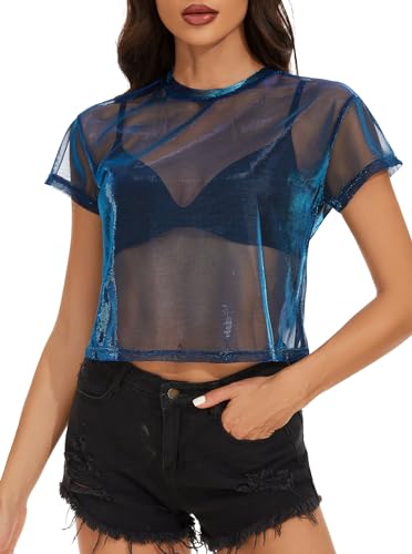 Women's Summer Mesh Tops Short Sleeve See Through Sheer T Shirt Bodycon Blouse Clubwear2