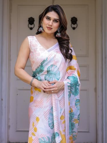 Image of ALMAARI FASHION Women's Floral Printed Georgette Satin Saree with Unstitched Blouse Piece | Traditional Ethnic Wear Sarees | Soft Lightweight Ethnic Office Wear Daily Wear Indian Sari (SG 181-190 F)
