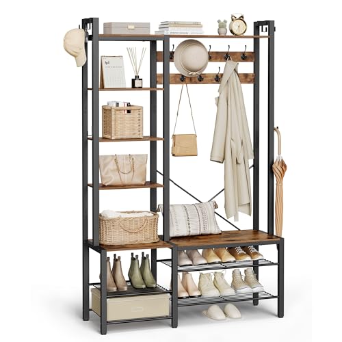 VASAGLE Garderobenständer mit Schuhbank, Garderobe, 5 Regalebenen aus Spanplatten, 9...
