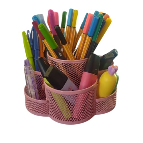 Organizador Porta Caneta Lápis Clips Giratório 7 Divisórias Em Metal Aramado - Flor Color (Rosa)