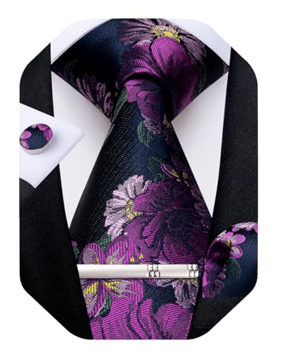 Image of DiBanGu Silk Floral Ties for Men Woven Paisley Necktie and Tie Clip Handkerchief Cufflinks Set for Party Wedding