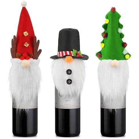 3 Pack Christmas Gnome Wine Bottle Covers,Swedish Gnomes Wine Bottle Toppers Decorative Santa Christmas Tree Snowman,Wine Bottle Bags for Christmas Holiday Party Decorations Cover