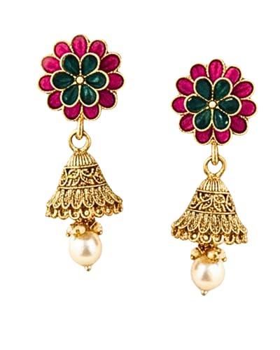 Image of Mansiyaorange Antique Gold South Indian Floral Motif Kundan Pearl Stone Jhumki Stud Earrings For Women