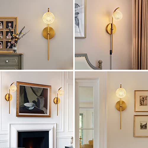 Image of Plug in Gold Wall Sconces - Adjustable Color Temperature Modern Wall Light Fixtures, Globe Wall Mounted Lamp with Brass Finish for Indoor Iiving Room Bedroom Bedside Hallway