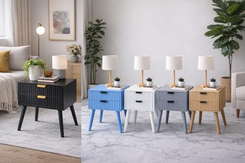 Image of Brown Art SHOPPEE Wooden Bedside Table for Bedroom | Line Design Bed Side Nightstand Lamp Table with 2 Drawers for Home | Side Table for Living Room | Premium Engineered Wood & Wood Legs (Blue)