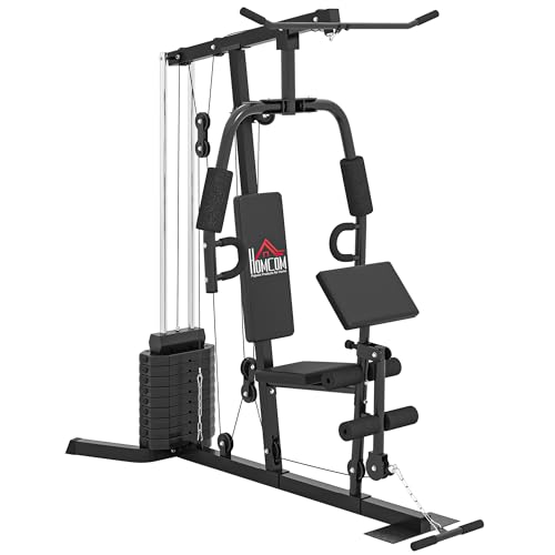 HOMCOM Kompakte Kraftstation, Multifunktionale Fitnessstation, Multistation mit Butterfly, Bizepscurl, Latzug, Beinstrecker, 45 kg Gewichtsblock Krafttraining Schwarz
