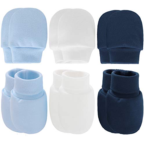 Zando Baby Mittens and Socks Set Newborn Baby Cotton Unisex Mittens Adjustable No Scratch Girl Gloves Infant Toddler Gloves 0-6 6-12 Month White&Blue&Dark blue One size