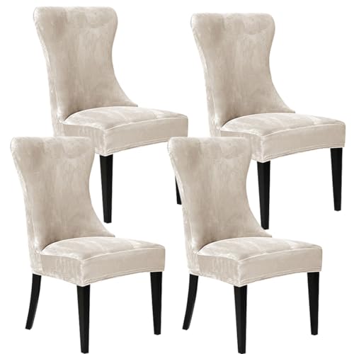 RHYII Velvet Dining Chair Cover Set of 4, Wingback Chair Cover Slipcover Strength Removable Washable Reusable Armless Protector Cover for Dining Room Banquet Home Decor Beige