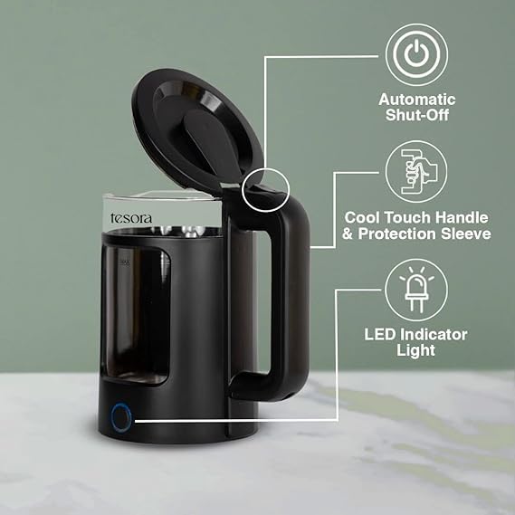 Image of Premium Electric Kettle | Auto Power Cut | Boil-Dry Protection | Cool Touch Double Wall | 1500 Watts |1-Year Warranty by Tesora (Black)