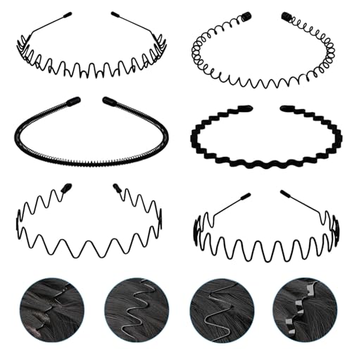 Metal Headband Mens Hair Band Non-Slip Sports Hair Hoop for Men Black Wavy Fashion Hair Band for Outdoor Weddings (6 PCS)
