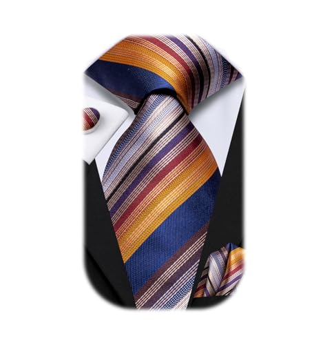 Image of Dubulle Mens Paisley Striped Tie Woven Necktie for Men and Handkerchief Cufflinks Set Wedding Formal Business