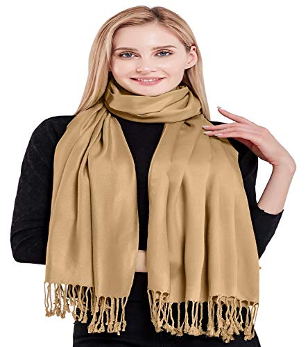 CJ Apparel Light Gold Solid Color Tassels Design Nepalese Shawl Seconds Scarf Wrap Stole Throw Head Wrap Pashmina Hand Made in Nepal New4