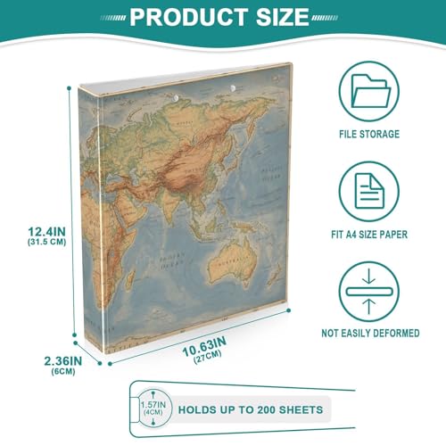 Image of Retro World Map Continents 3 Ring Binder with 2 Interior Pockets 1.5 inch Binders 3 Ring Heavy Duty Fit 8.5 inch x 11 inch Letter Size for Office School, 2 Pack