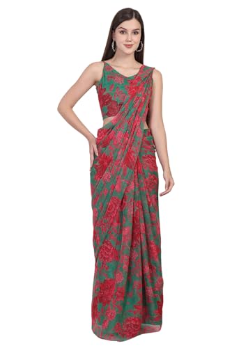 Sari georgette pré-drapé vert floral W for Woman avec chemisier taille L pour femme