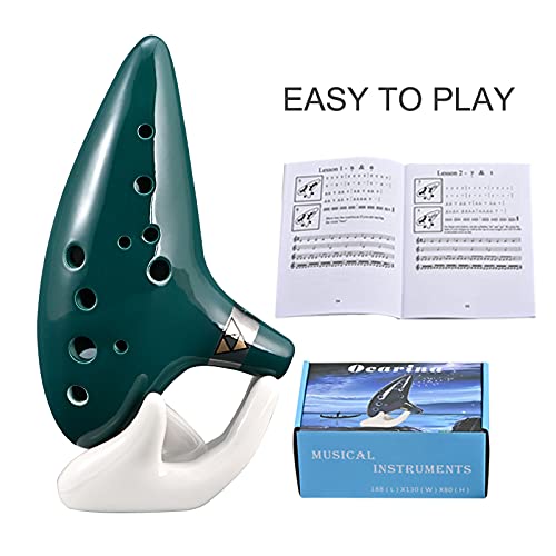 Ocarina 12 Holes Alto C Ceramic Ocarinas With Display Stand Song Book Neck-Strap Bag (Dark Green) #TOP5