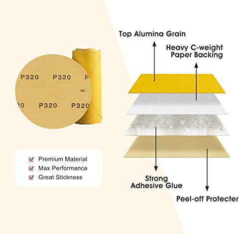 Mido Professional Abrasive 6 Inch 100 Pcs Sanding Discs 320 Grit Psa Sanding Disc Aluminum Oxide Self Adhesive Stickyback Sandpaper Roll For Wood, Metal, And Car Paint #TOP2