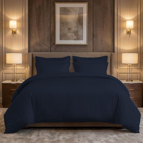 Image of LINENWALAS Cotton 300 Thread Count King Size Bedsheet Set | 2 cm Sateen Stripe Design | Cloud-Soft, Breathable & Skin-Safe | Oeko-TEX Certified Hotel-Style Bedding (108 x 108, Navy Blue)