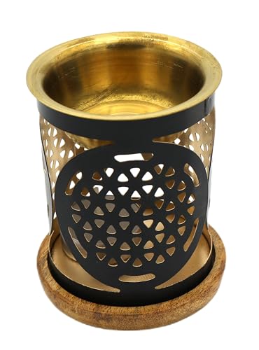 LivuX Aromafume 1168 - Lámpara aromática de metal con posavasos de madera, 8 x 9 cm, ideal para aceites esenciales, relajación y ambientación