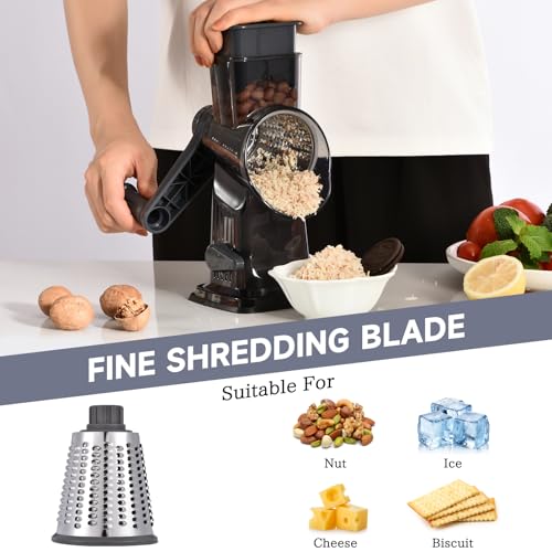 Image of Rotary Cheese Grater with Handle Kitchen Shredder Slicer Grater Slicer Ice Shaver Cheese Vegetable Nuts Potato Zucchini Chocolate 3 Interchangeable Blades (Dark Grey TSP)