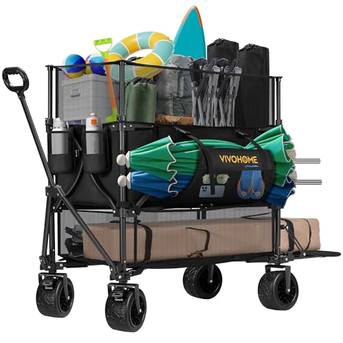 VIVOHOME 500L Large Capacity Double Decker Collapsible Wagon 500lbs Heavy Duty Utility Folding Cart with Big Wheels 53" Extended for Camping, Sports by VIVOHOME - Used condition - US$131.51