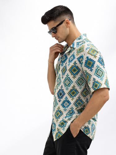 Image of Veirdo Men's Printed Camp Collar Shirt, Oversized Fit, Short Sleeve Casual Resort Wear, Button-Down Summer Shirt for Men, Cotton Fabric (Sizes S to 2XL)