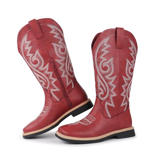 Hawkwell Women's Cowboy Cowgirl Boots Square Toe Side Zipper Embroidered Low Heel Dress Western Mid Calf Boot,Synthetic Leather Red,7 M US
