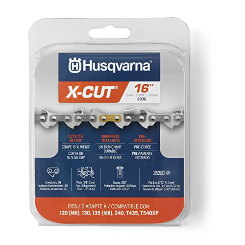 Husqvarna X-Cut S93G - Cadena de motosierra de 16 pulgadas, mini paso de 3/8 pulgadas, calibre 50 pulgadas, repuesto de hoja de motosierra de 56 eslabones, preestirada y bajo retroceso, gris