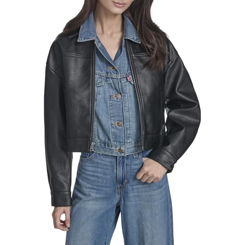 Levis Womens Relaxed Fit Zip Front Jacket Black Faux Leather X-Large