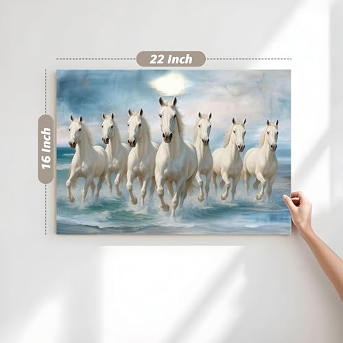 Image of PAINTINGMANTRA Seven White Running Horses Wall Art Vastu Feng Shui Multicolor | Canvas Painting Stretched on Wood | Suits For Vastu-Friendly Place, Living Room, Bedroom, Hallways (16x22 Inch)