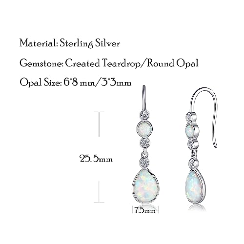 FANCIME Created Opal Earrings Sterling Silver Hook Earrings with 2 White Fire Opal Stones Teardrop October Birthstone Earrings Fine Jewelry for Women3