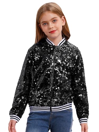 Hularka Kids Girls Sequins Bomber Jacket Long Sleeve Party Glitter Baseball Jackets Zip Up Coat Sparkle Outerwear