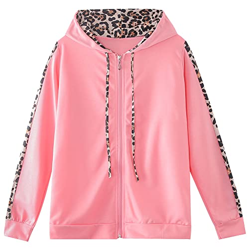 amropi Traingsanzug Damen Jogginganzug Leopard Kapuzenpullover Lange Ärmel Top + Hose Sportanzug 2 Stück (Rosa,XXL)