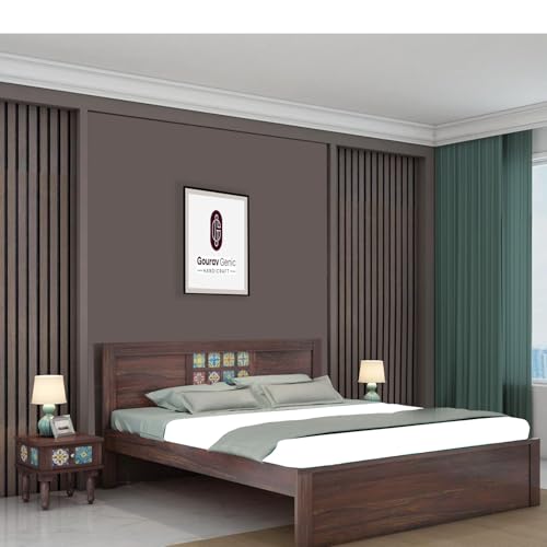 Image of Sheesham Wood King Size Bed Without Storage | Wooden Bed King Size Double Cot Palang Bed for Bedroom | Tile Design Headboard Bed for Living Room | Walnut Finish