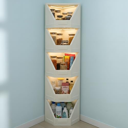 Image of HOMIFLY 5 Tier Corner Storage Cabinet /Stackable Plastic Cupboard for Storage /Foldable Wardrobe for Clothes /Toys Storage Organizer /Cabinet for Kitchen, Bathroom, Living Room (White)