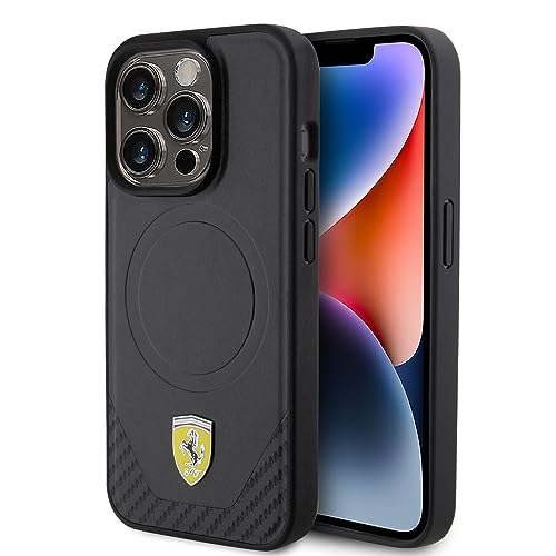 Coque iPhone 15 Pro Ferrari en carbone noir avec logo en métal chic