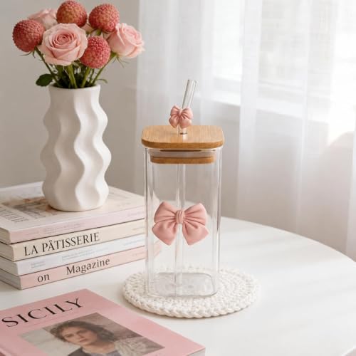 Image of FUNKYFINDS 1 Set Coquette Pink Bow Glass Cup with Bamboo Lid and Bow Straw for Women, Coquette Drinking Tumbler Bow Square Cup for Girlfriend Besties Women Bithday Gifts, Party Favors