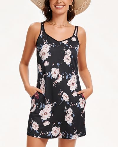 Image of ANYFITTING Built in Bra Summer Dresses for Women 2025 Casual Short Dress with Pockets Mini Floral Sundresses