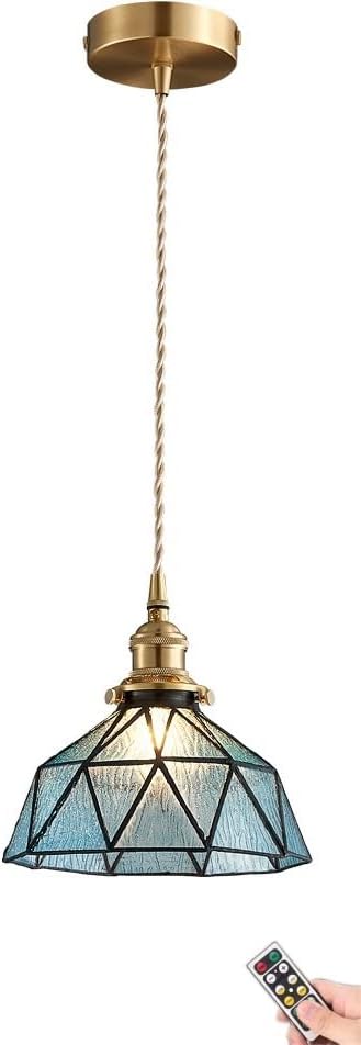 Lámpara colgante Tiffany con control remoto, funciona con pilas, lámpara colgante inalámbrica sin cableado, lámpara colgante de techo azul para