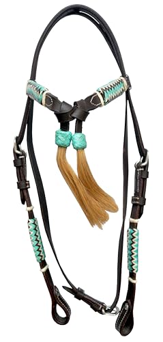 WeavingCraft Leather Western Headstall Bridle| Futurity Knot Browband| Colored Rawhide| Natural Hair Tassels (Black)