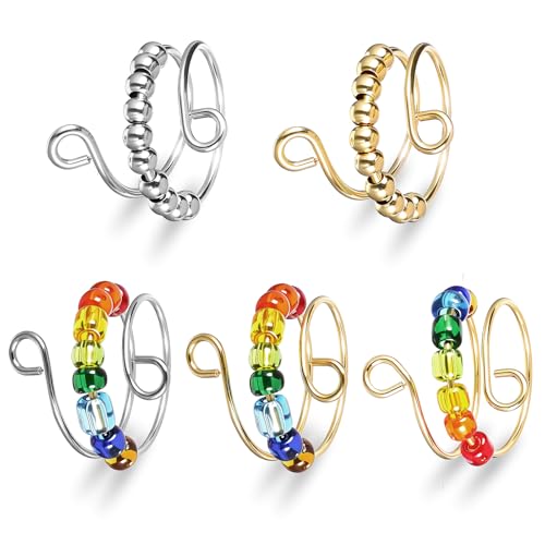 Giantree 5 Stück Anti Stress Ring Set, Verstellbare Anxiety Ring, Ringe für Frauen Bunte Angst Spinning Rings mit Perlen Offene Spinner Bunte Rings für Mädchen und Frauen