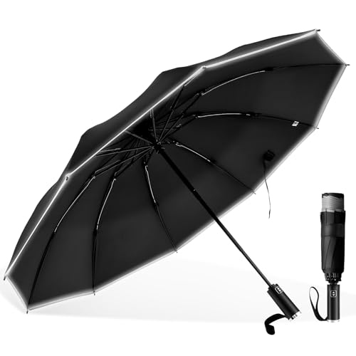 Reverse 10 Ribs Windproof Travel Umbrella Automatic Unbreakable Umbrella with Reflective Strip Compact Folding Inverted Umbrella Lightweight Portable Umbrella Upside Down Umbrella for Men Women