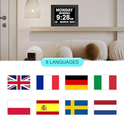 Miniatura 5 de Reloj digital con calendario de día, 5 despertadores y 3 recordatorios de medicamentos, extra grande de 8 pulgadas, no abreviado, fecha, mes,