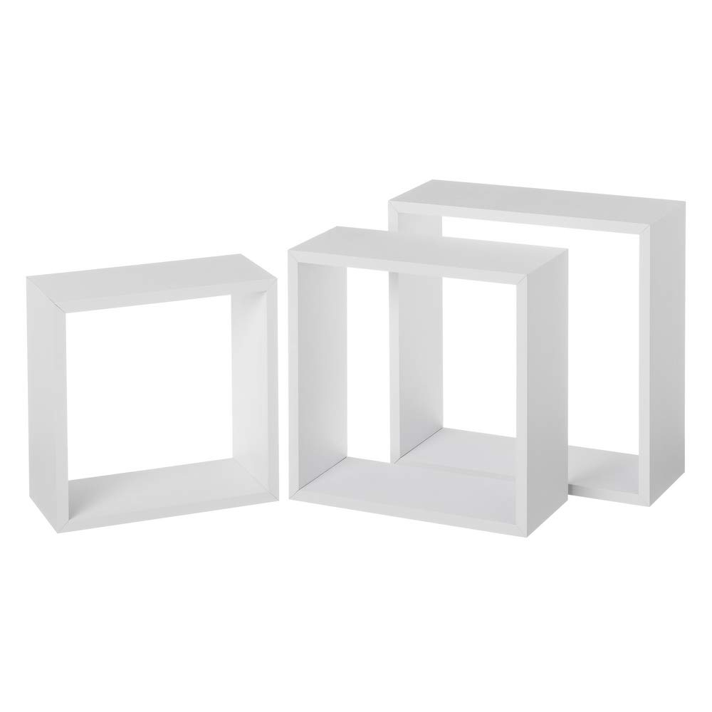 LOLAhome Set de 3 Estantes Cubo Grandes de Madera MDF Blancos/Capacidad 5 kg / 2 Tamaños Disponibles/Incluye herrajes de Pared/Estantes Flotantes con 3 Medidas 30, 27 y 24 cm