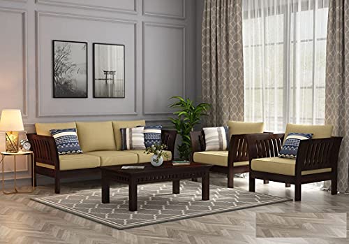 Image of Sheesham Wood 5 Seater Sofa Set | 3+1+1 Solid Wood Sofa Furniture | Wooden Sofa Set 5 Seater for Living Room Home Office (Walnut Finish)