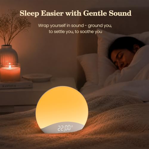 Image of REACHER Sound Machine Sunrise Alarm Clock with Night Light, 26 Nature Inspired Sleep Sounds, 0-100% Dimmable Clock, Sunrise Lamp, Wake Up Light, Brown /Pink /White Noise Machine for Babys, Adults, Kids
